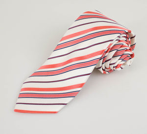 White with Red Striped Pattern 100% Silk Neck Tie