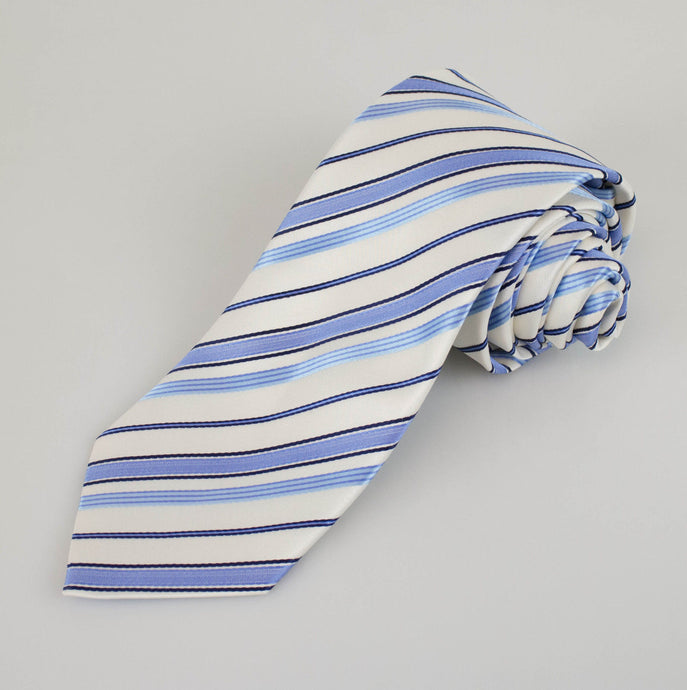 White with Blue Striped Pattern 100% Silk Neck Tie