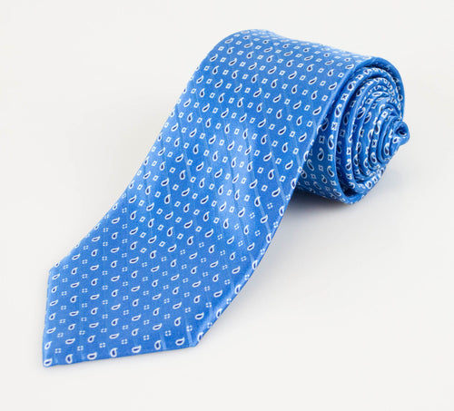 Dodger Blue W/ Paisley Pattern 100% Silk Satin Neck Tie