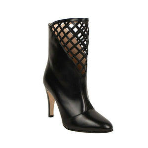 Black Leather Cut Out Design Heeled Ankle Boots