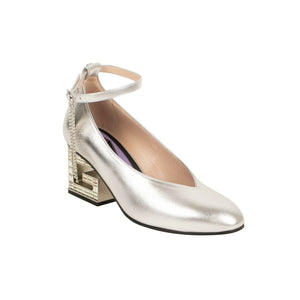 Silver Leather Crystal G Mid-Heel Pumps
