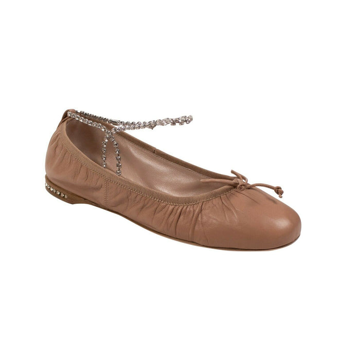 Beige Nude Leather Crystal Strap Ballerina Shoes