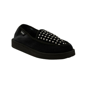 Black Velvet Studded Slip On Loafers