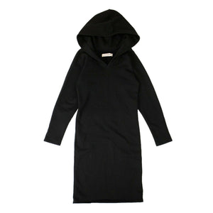 Black Cotton Long Sleeve Hooded Midi Dress