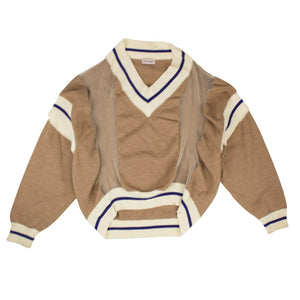 Tan Wool V-Neck College Sweater