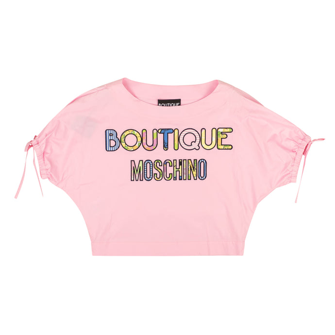 Pink Boat Neck Embroidered Short Sleeve T-Shirt
