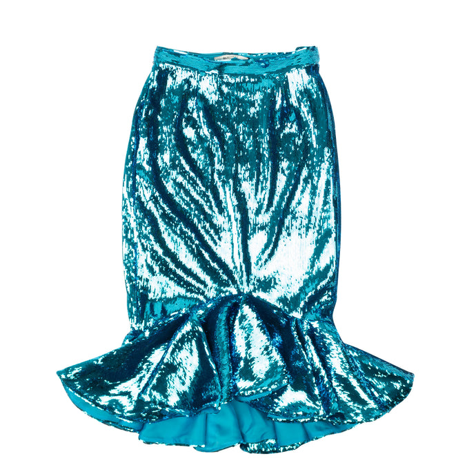 Teal Sequin Fitted Ruffle Detail Skirt