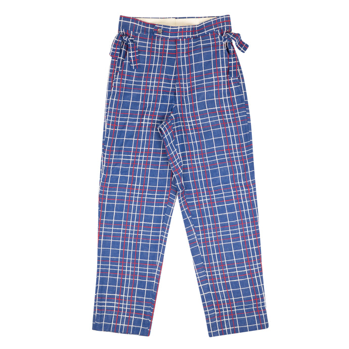 Navy Blue Embroidered Plaid Side Tie Trousers