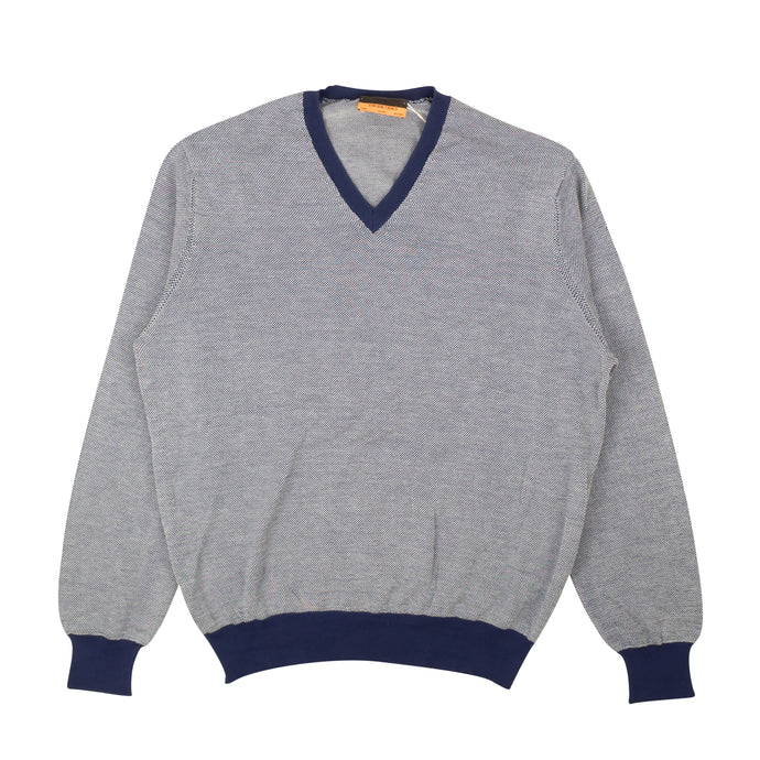 Blue & White 100% Cotton Woven V-Neck Sweater