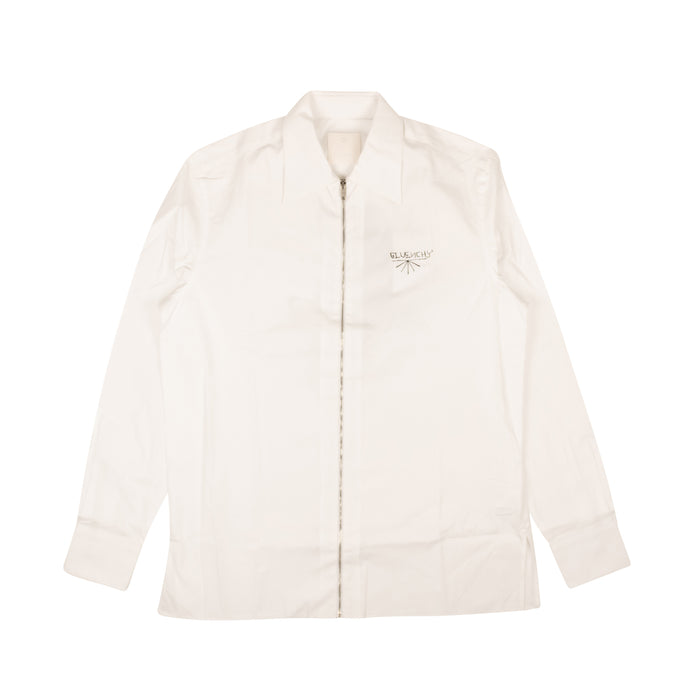 White Cotton Zipper Spread Collar Button Down Shirt