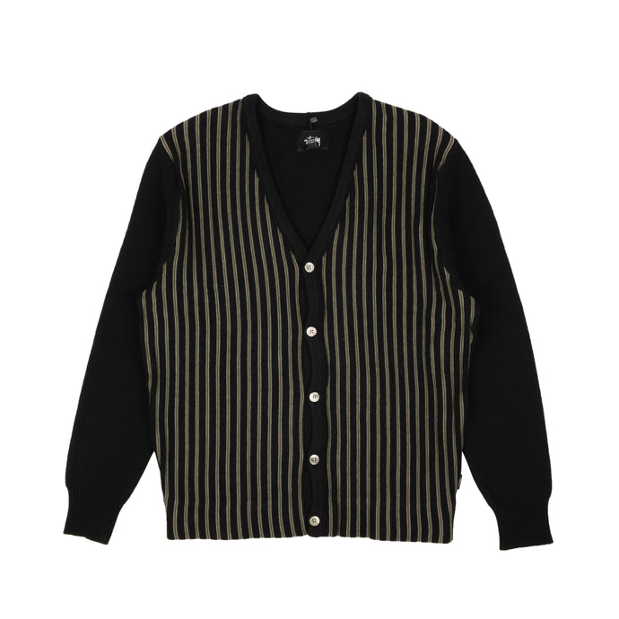 Black Cotton Stripe Button-Up Cardigan Sweater