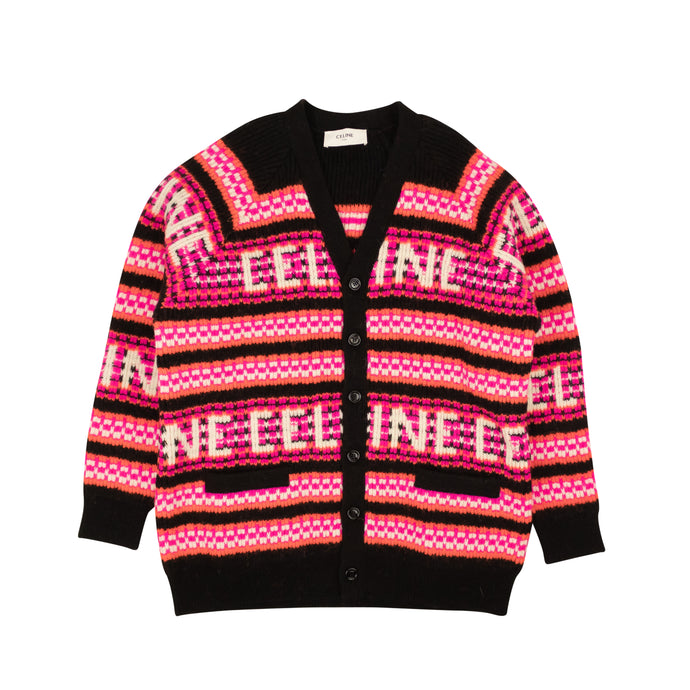 Black And Pink Wool Jacquard Ski Design Cardigan