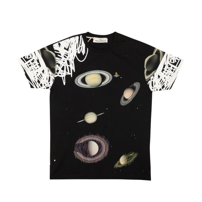 Black Cotton Saturn Print Classic T-Shirt