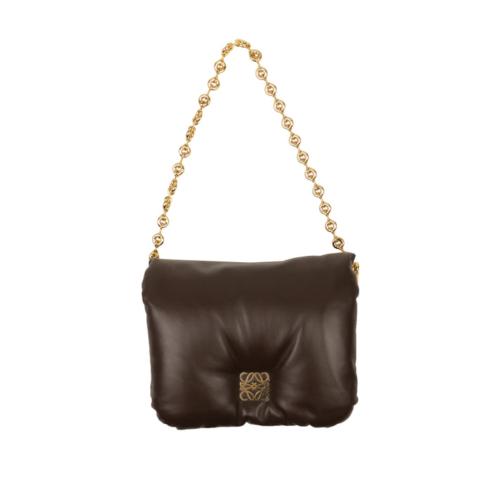Brown Leather Puffer Goya Gold Chain Shoulder Bag