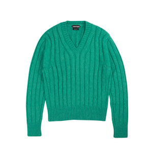 Green V-Neck Med Rib Knit Sweater