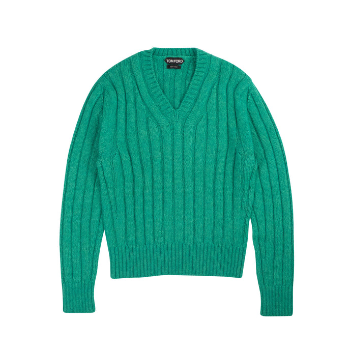 Green V-Neck Med Rib Knit Sweater
