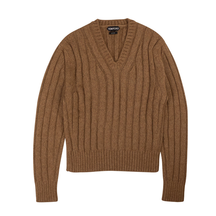 Brown Ribbed V-Neck Sweater