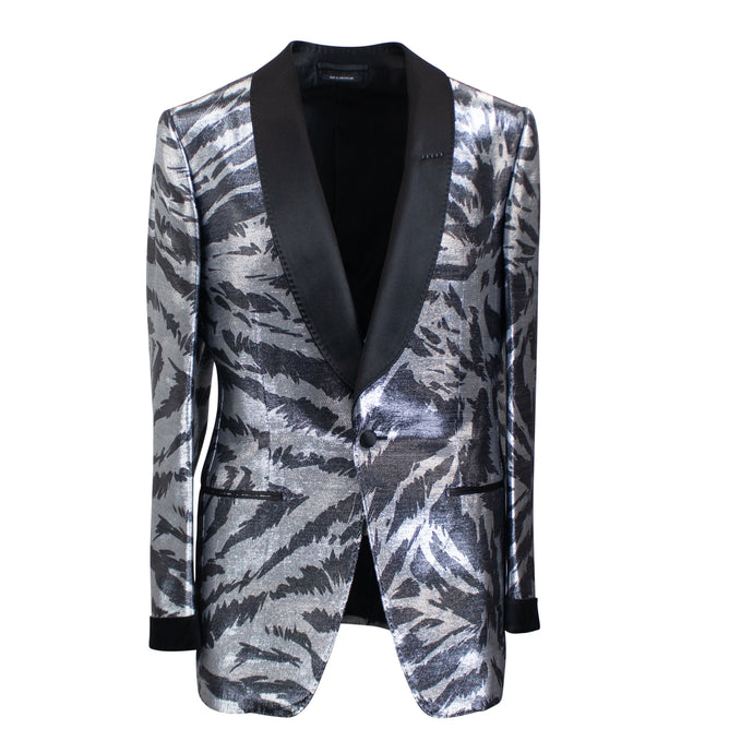 Silver Metallic Wood Grain Abstract Suit Jacket