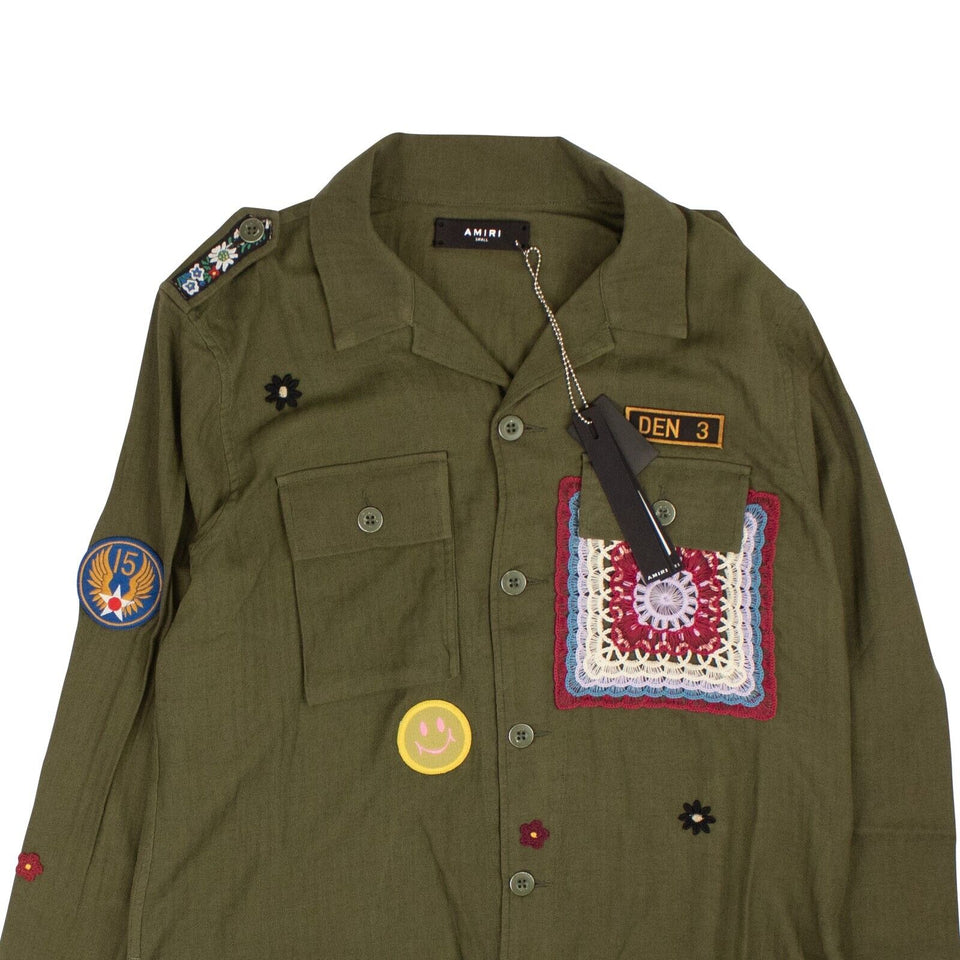 Olive Green Crochet & Patch Military Shirt