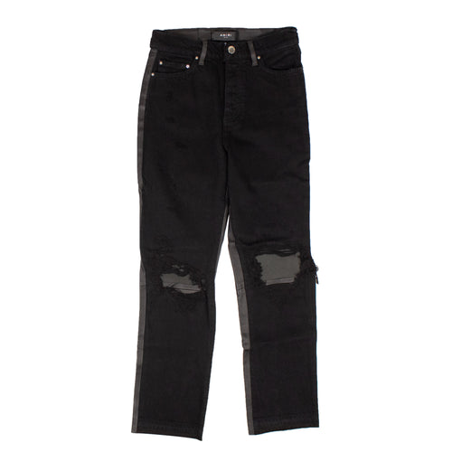 Black Cropped Straight Leather Denim Pants