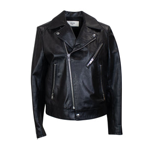 Black Padded Calfskin Jacket W / Front Zip Pockets