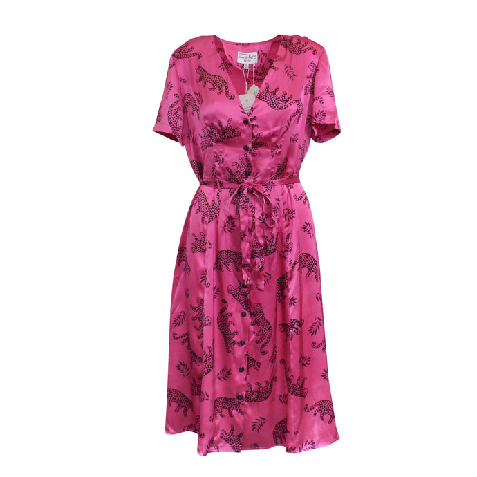 Hvn Tarza Rosemary Short Sleeve Button Down Dress Hot - Pink Shiny