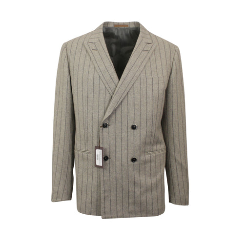 Beige Double-Breasted Wool Striped Suit 9R