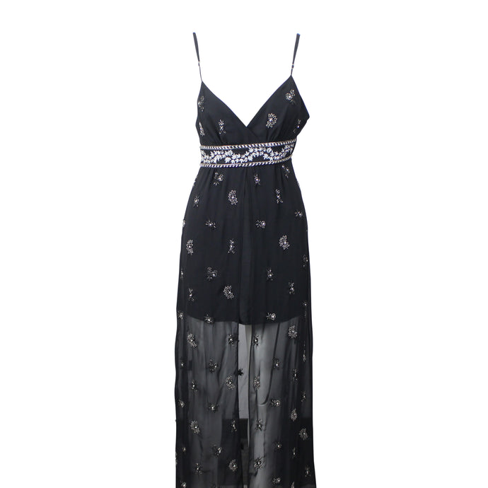 Women's Black Embellished Silk Chiffon Midi Dress
