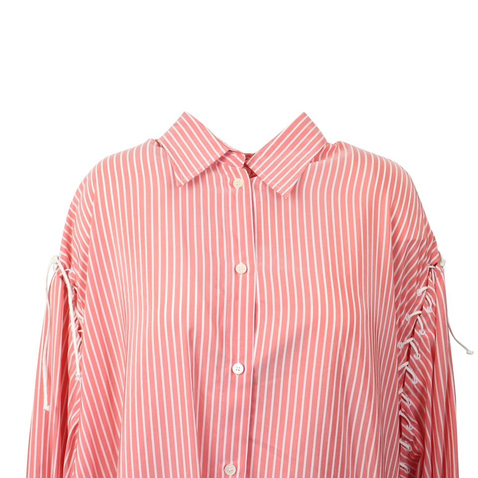 Pink Lace Up Long Sleeve Shirt Dress