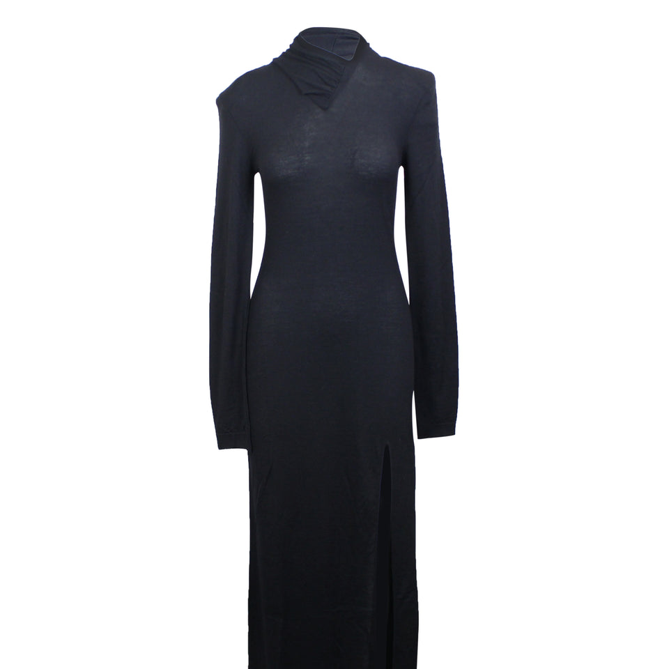Women's Black Wool Twist Neck Maxi Dress