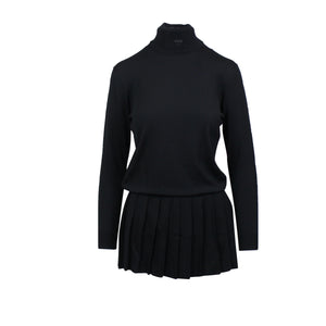 Black Wool Knit Turtleneck Pleated Mini Dress