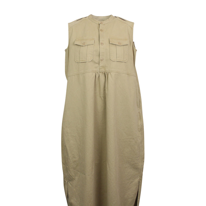 Beige Cotton Flap-Pocket Collarless Long Dress