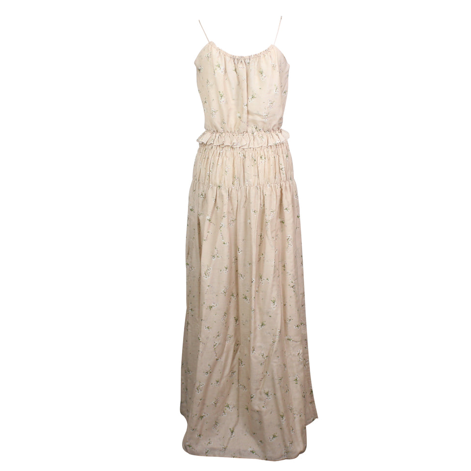 Nude Cotton Floral Design Voile Maxi Dress