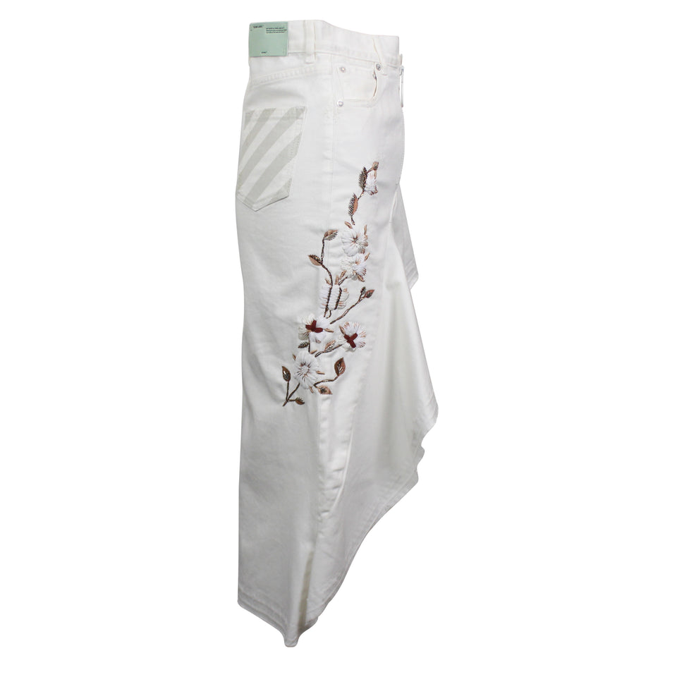 White Flared Beaded Denim Skirt