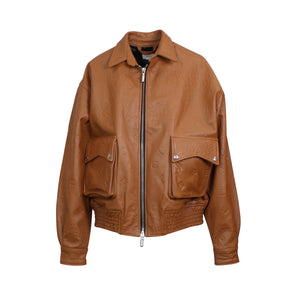 Tan Brown Embossed Blouson Leather Suiting Jacket
