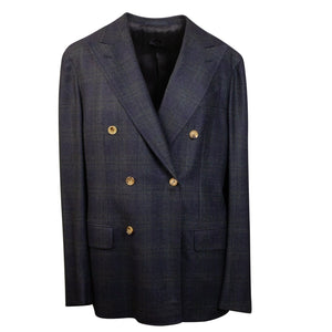 Navy Wool Plaid Double Breasted Blazer
