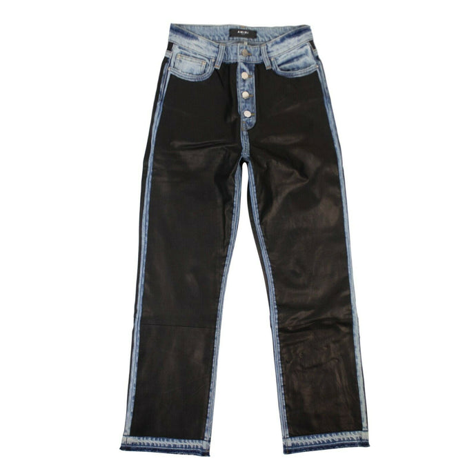 Women's Black Leather And Denim Straight Jeans