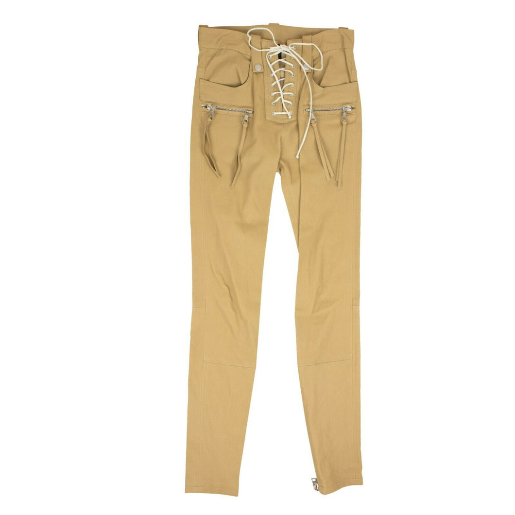 Women's Beige Leather Skinny Lace Up Pants