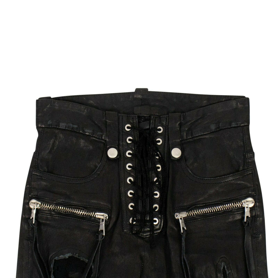 Leather Distressed Lace Up Skinny Pants - Black