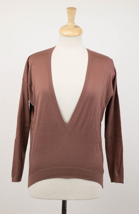 Woman's Brown Cotton V-Neck Sweater