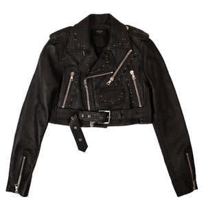 Black Leather Studded Cropped Jacket