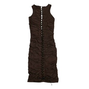 Brown Gathered Lace Up Dress
