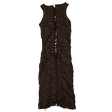 Brown Gathered Lace Up Dress