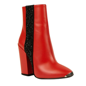 Women's Red Leather Glitter Stripe Chunky Heel Boots