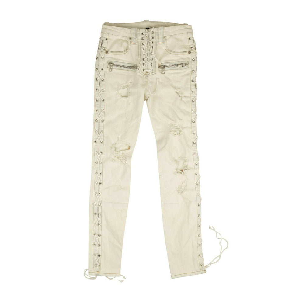 White Washout Denim Side Lace Up Skinny Jeans