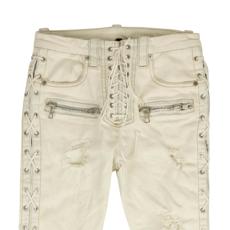 White Washout Denim Side Lace Up Skinny Jeans