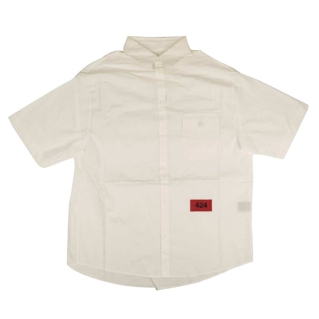White Short Sleeve Red Logo Patch Button Down