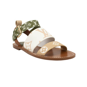 Green And White Grained Leather Monogram Sandals