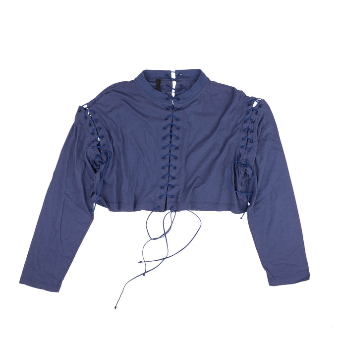Blue Cropped Lace Up Long Sleeve T-Shirt