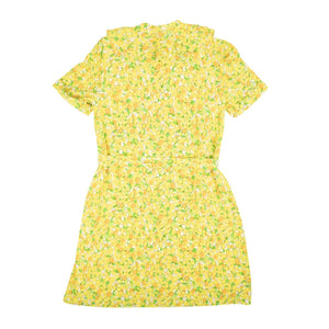 Yellow Lemon Print Silk Ruffle Neck Dress